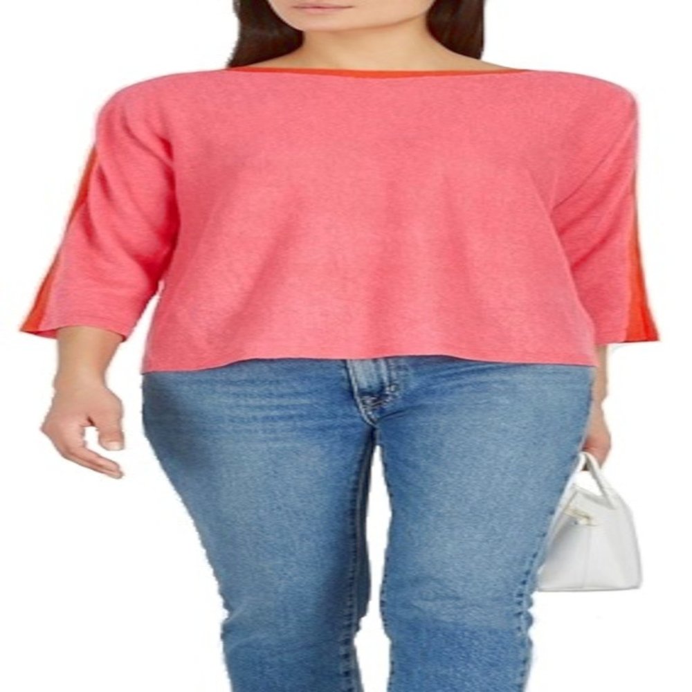 Eileen Fisher Women’s Large Contrast-Trim Chrln (Pink) Organic-Linen Sweater